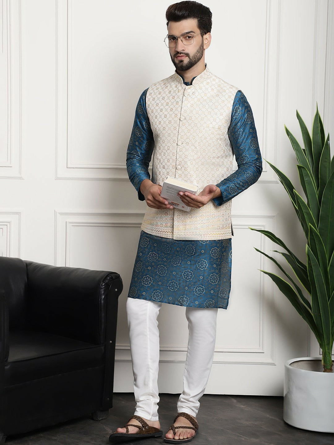 Men’s Floral Printed Straight Kurta Set with Churidar – Traditional Elegance