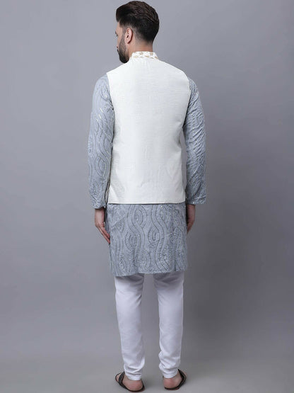 Men’s Sequinned Embroidered Pure Cotton Kurta Set with Pyjamas & Nehru Jacket – Traditional Elegance