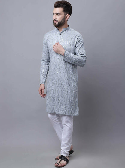 Men’s Sequinned Embroidered Pure Cotton Kurta Set with Pyjamas & Nehru Jacket – Traditional Elegance