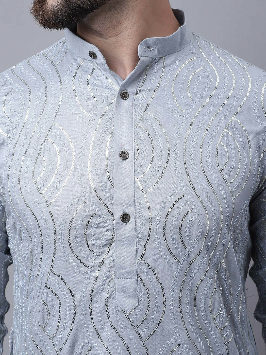 Men’s Sequinned Embroidered Pure Cotton Kurta Set with Pyjamas & Nehru Jacket – Traditional Elegance