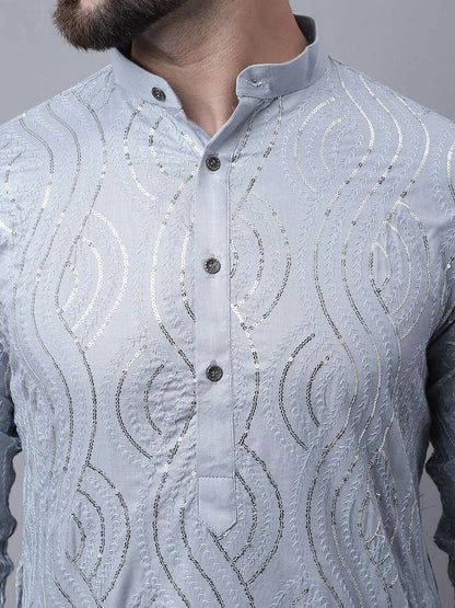 Men’s Sequinned Embroidered Pure Cotton Kurta Set with Pyjamas & Nehru Jacket – Traditional Elegance