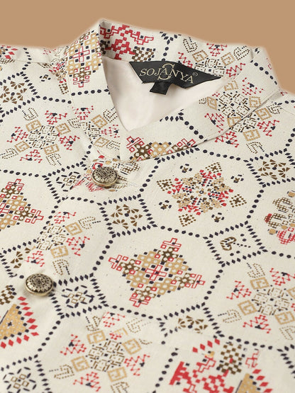 Men’s Ethnic Motifs Printed Regular Kurta Set with Pyjamas & Nehru Jacket – Traditional Elegance
