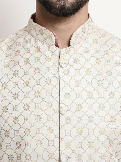 Men’s Ethnic Motifs Woven Design Mandarin Collar Kurta Set with Churidar & Nehru Jacket – Traditional Elegance