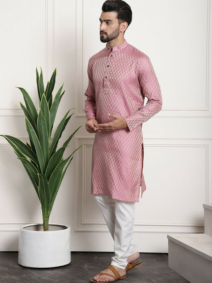 Men’s Ethnic Motifs Woven Design Mandarin Collar Kurta Set with Churidar & Nehru Jacket – Traditional Elegance