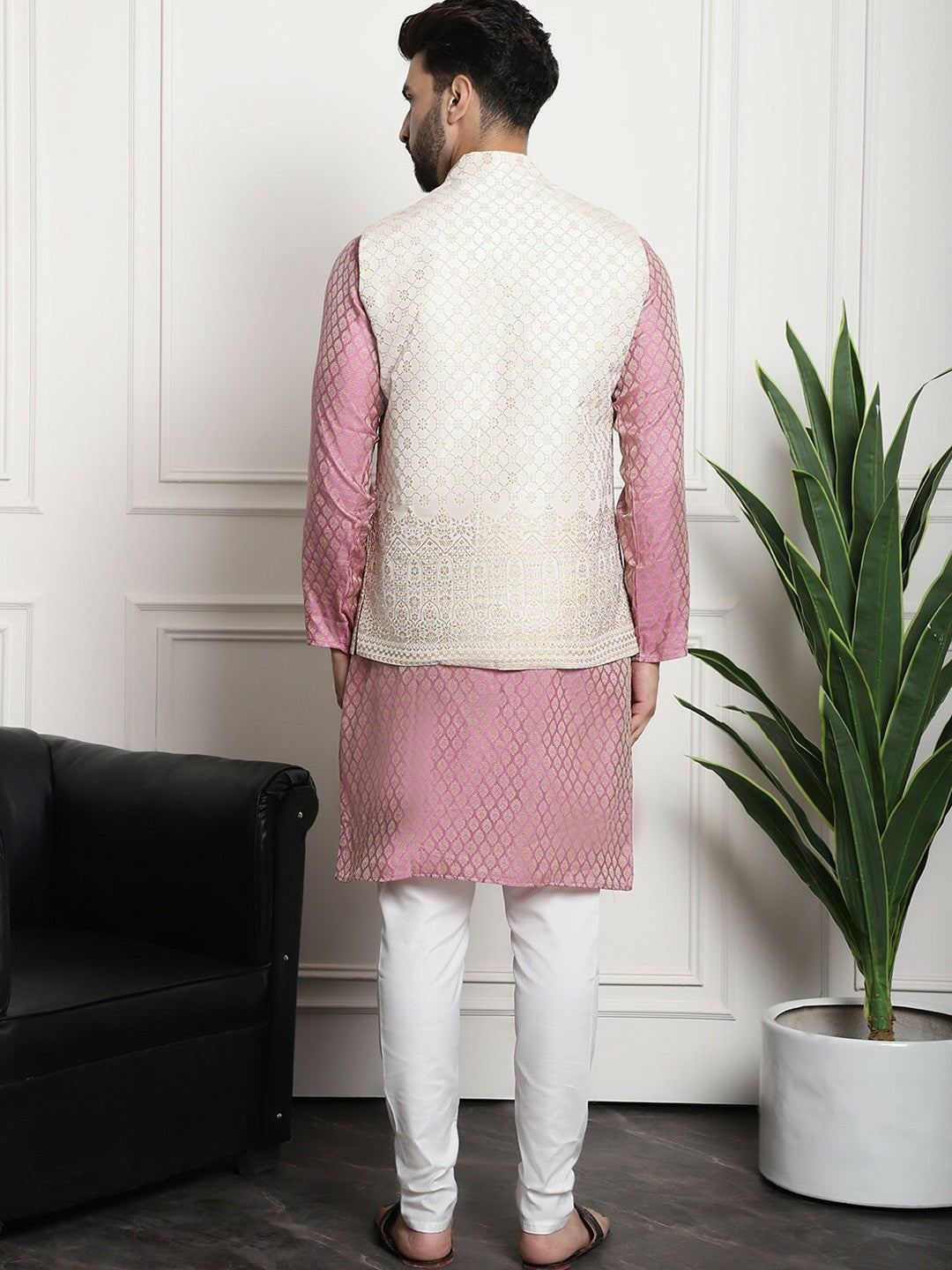 Men’s Ethnic Motifs Woven Design Mandarin Collar Kurta Set with Churidar & Nehru Jacket – Traditional Elegance