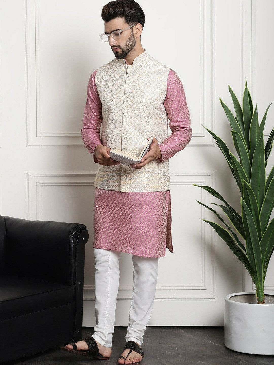Men’s Ethnic Motifs Woven Design Mandarin Collar Kurta Set with Churidar & Nehru Jacket – Traditional Elegance