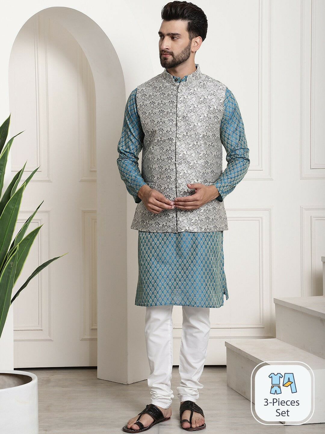 Men’s Ethnic Motifs Printed Straight Kurta Set with Churidar & Nehru Jacket – Traditional Elegance