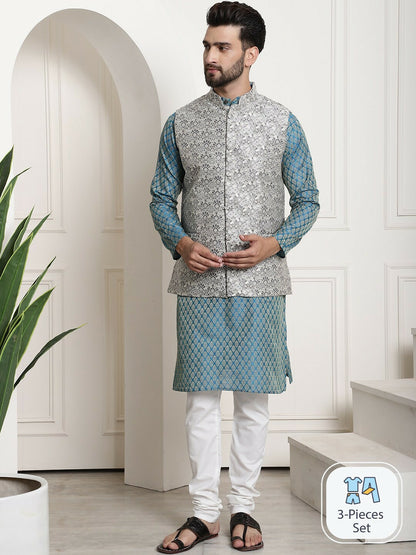 Men’s Ethnic Motifs Printed Straight Kurta Set with Churidar & Nehru Jacket – Traditional Elegance
