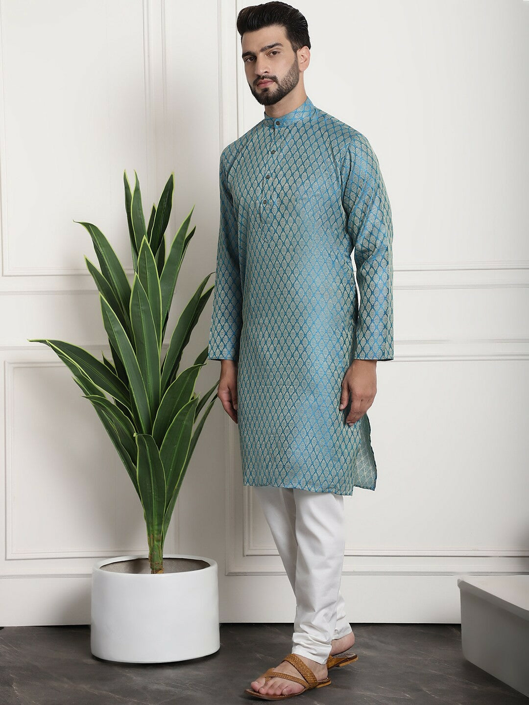 Men’s Ethnic Motifs Printed Straight Kurta Set with Churidar & Nehru Jacket – Traditional Elegance