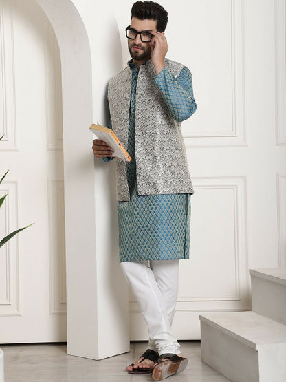 Men’s Ethnic Motifs Printed Straight Kurta Set with Churidar & Nehru Jacket – Traditional Elegance