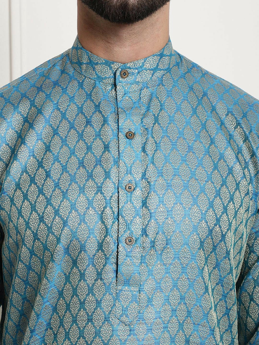 Men’s Ethnic Motifs Printed Straight Kurta Set with Churidar & Nehru Jacket – Traditional Elegance