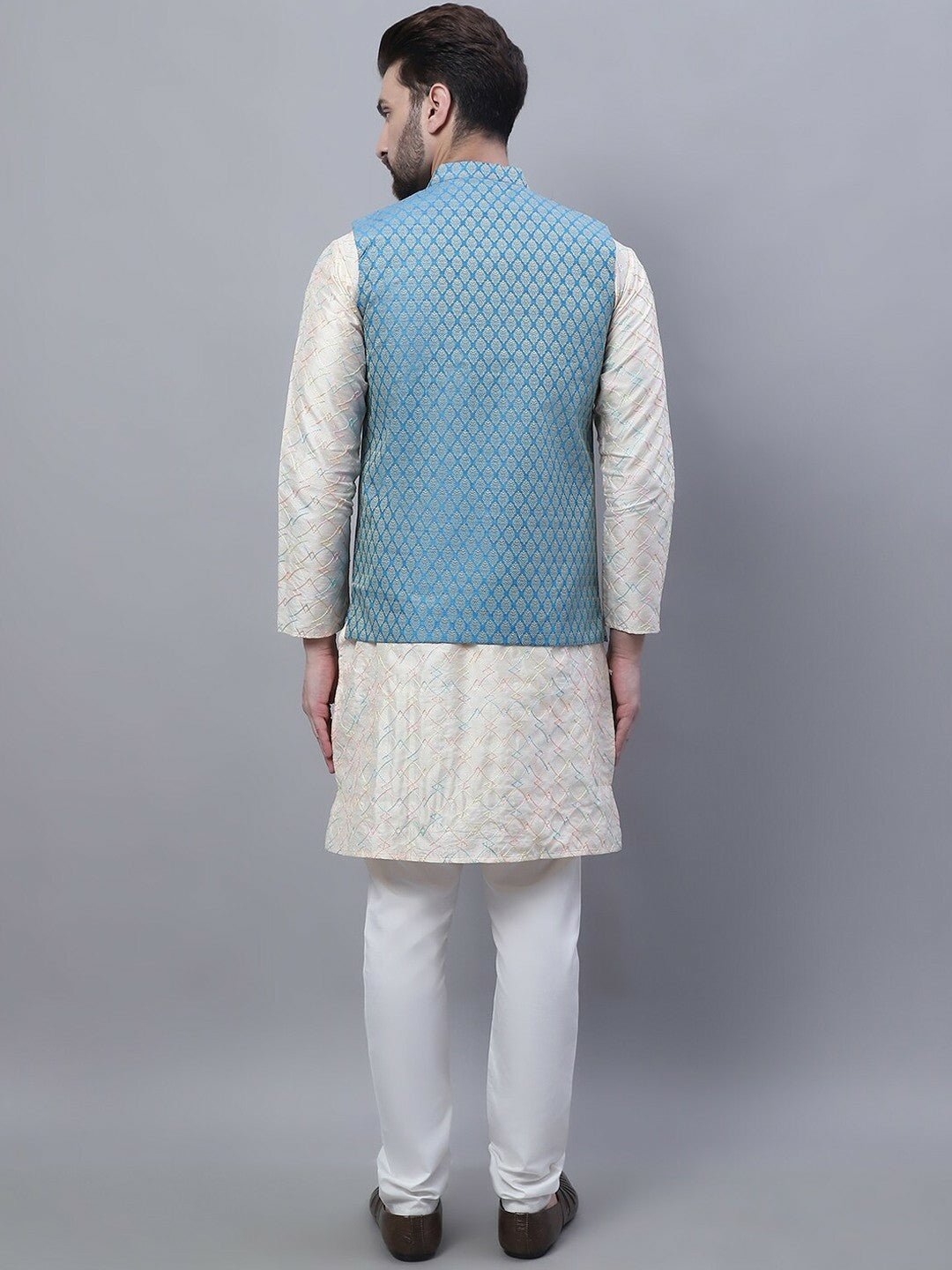 Men’s Embroidered Thread Work Kurta Set with Churidar & Nehru Jacket – Traditional Elegance