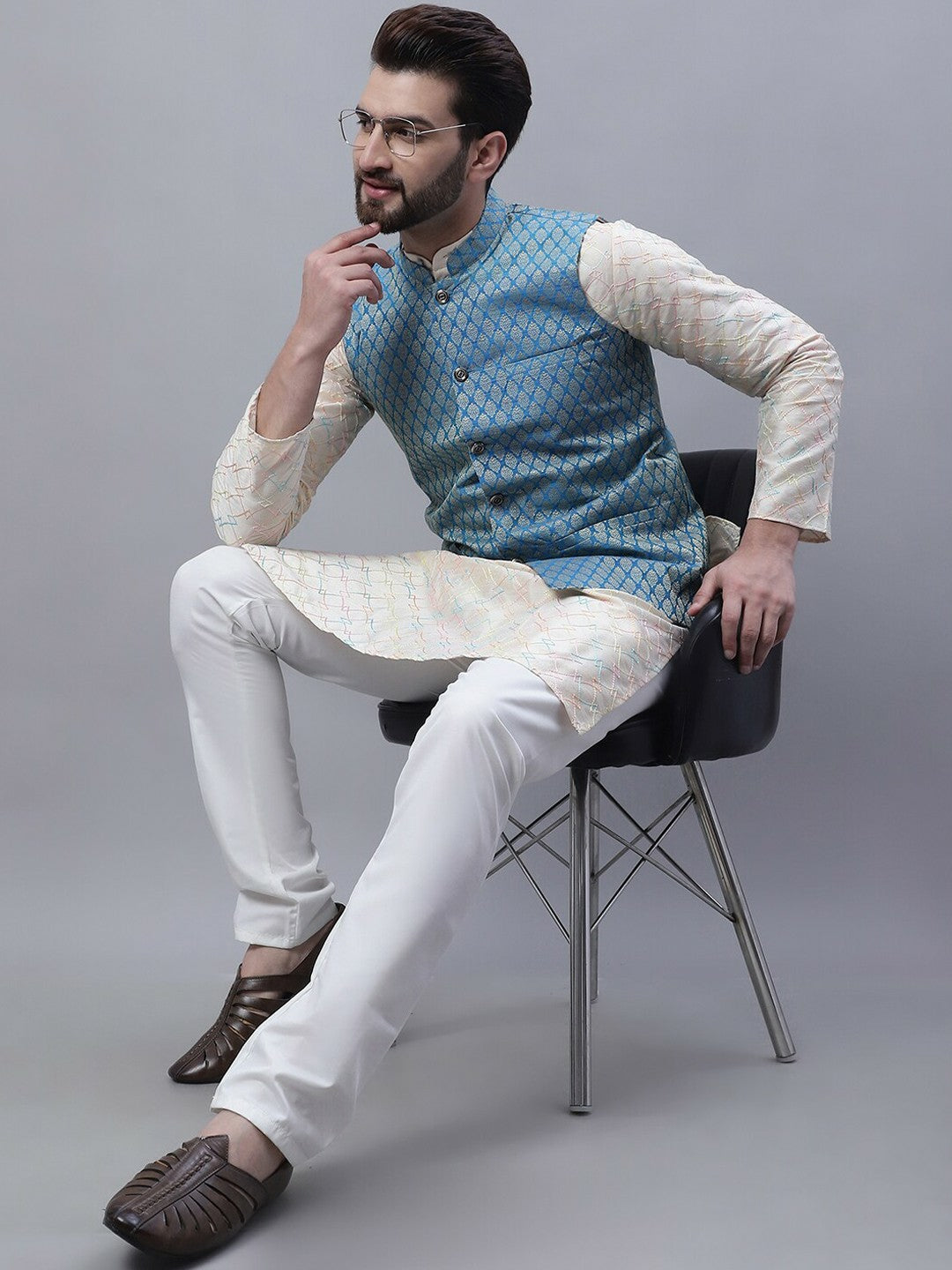 Men’s Embroidered Thread Work Kurta Set with Churidar & Nehru Jacket – Traditional Elegance