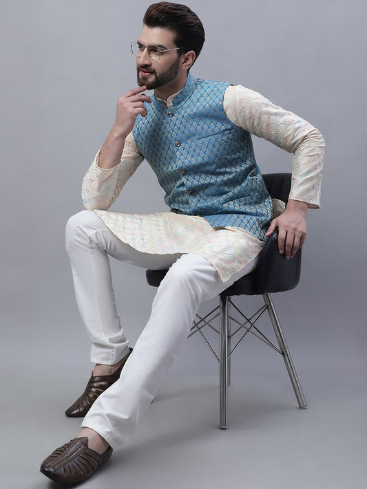 Men’s Embroidered Thread Work Kurta Set with Churidar & Nehru Jacket – Traditional Elegance