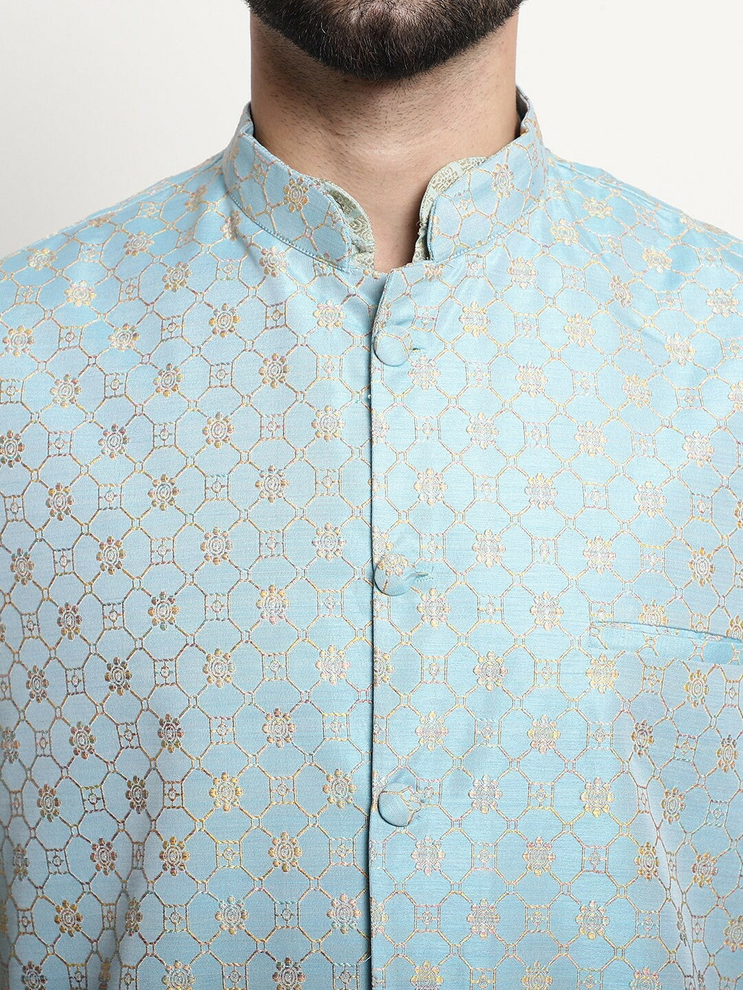 Men’s Ethnic Motifs Woven Design Regular Kurta Set with Churidar & Nehru Jacket – Traditional Elegance