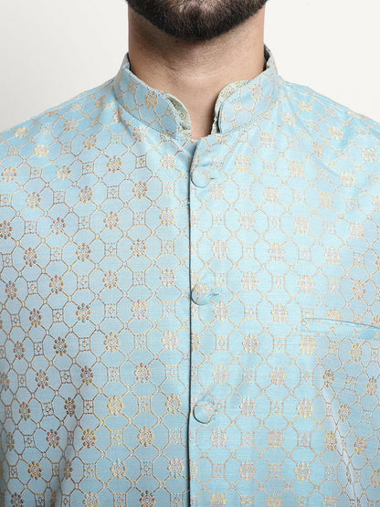 Men’s Ethnic Motifs Woven Design Regular Kurta Set with Churidar & Nehru Jacket – Traditional Elegance