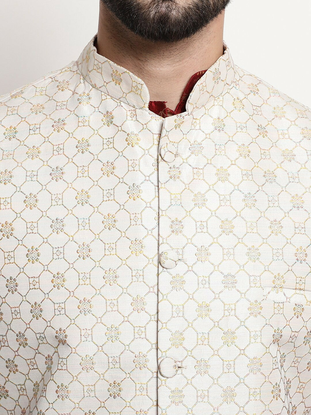 Men’s Ethnic Motifs Printed Silk Cotton Kurta Set with Churidar & Nehru Jacket – Traditional Elegance