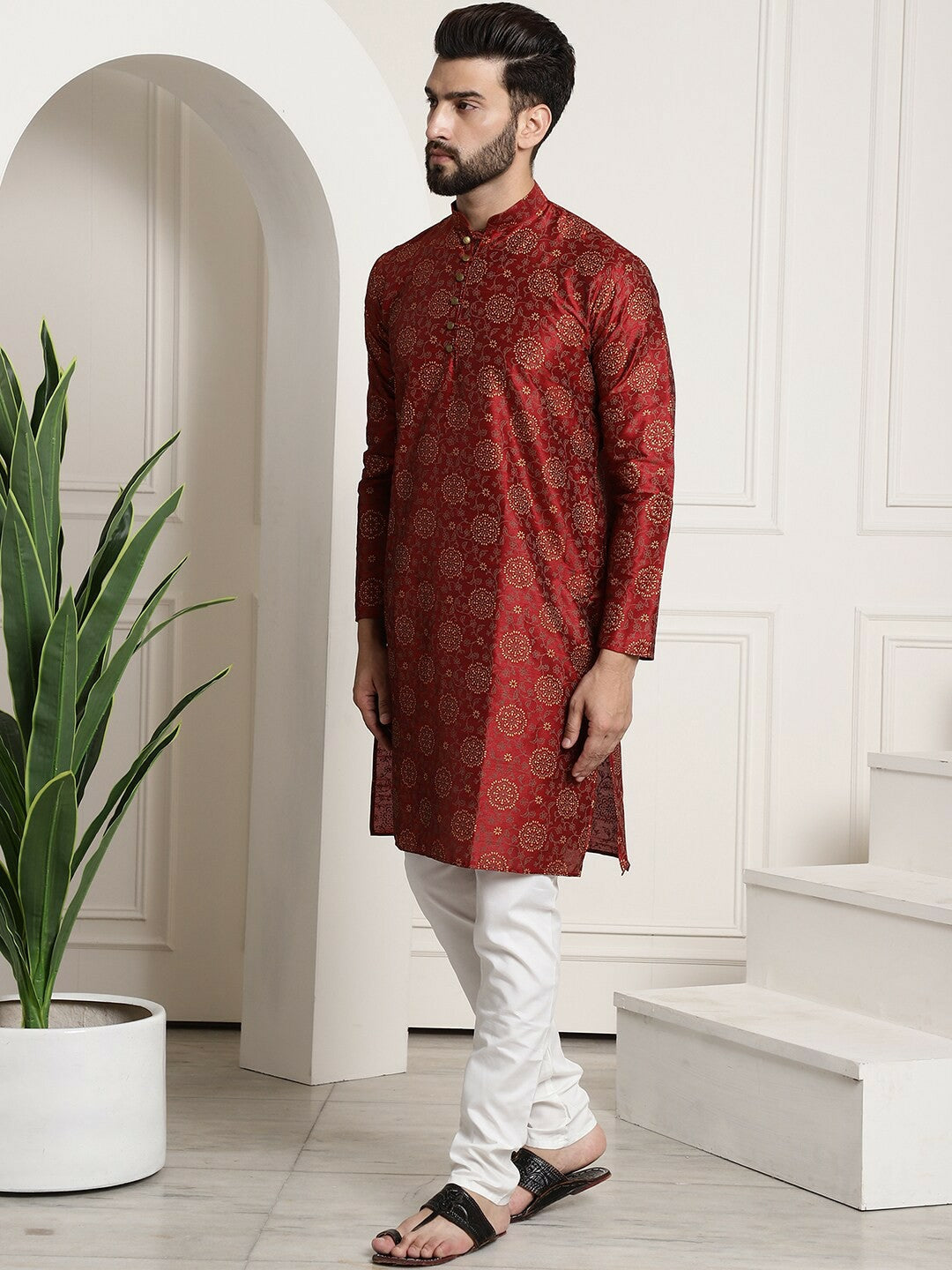 Men’s Ethnic Motifs Printed Silk Cotton Kurta Set with Churidar & Nehru Jacket – Traditional Elegance