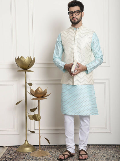 Men’s Blue Embellished Kurta Set with Churidar & Nehru Jacket – Traditional Charm