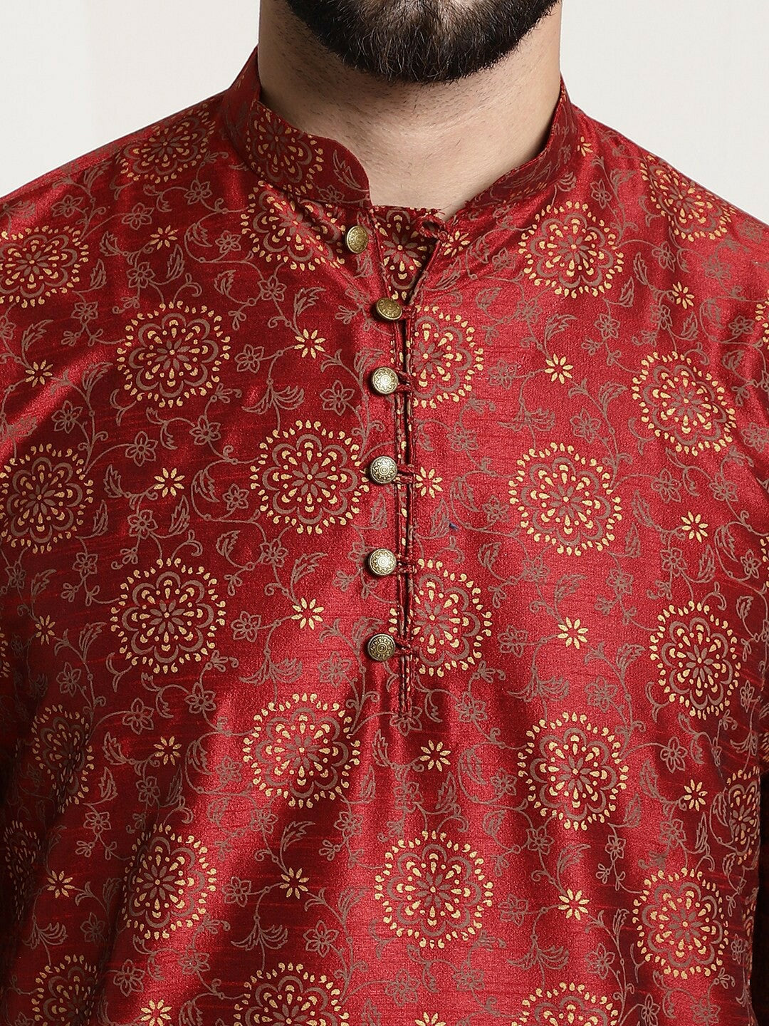 Men’s Ethnic Motifs Printed Silk Cotton Kurta Set with Churidar & Nehru Jacket – Traditional Elegance