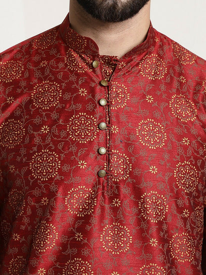 Men’s Ethnic Motifs Printed Silk Cotton Kurta Set with Churidar & Nehru Jacket – Traditional Elegance