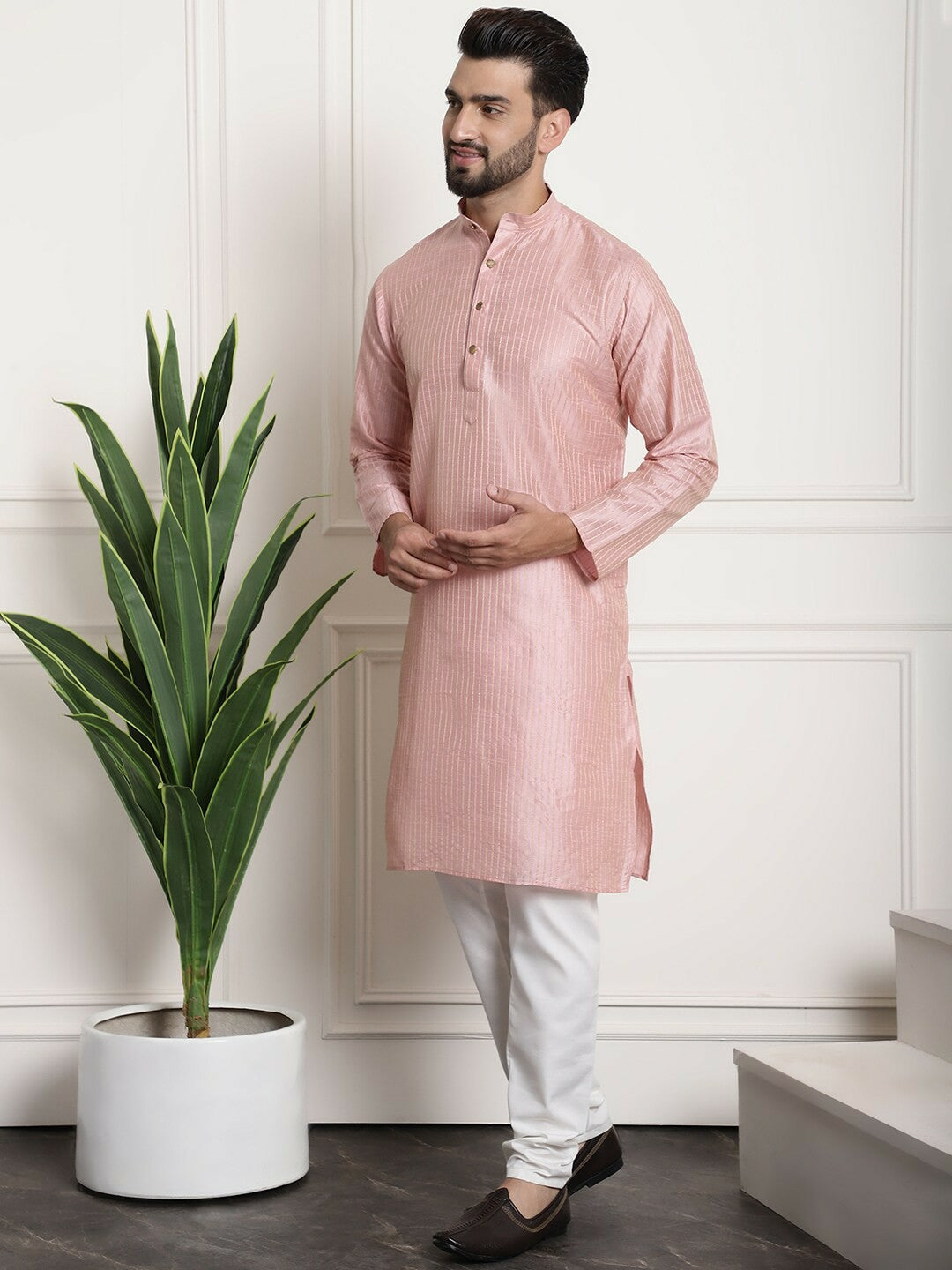 Men’s Striped Regular Kurta Set with Churidar & Nehru Jacket – Traditional Elegance