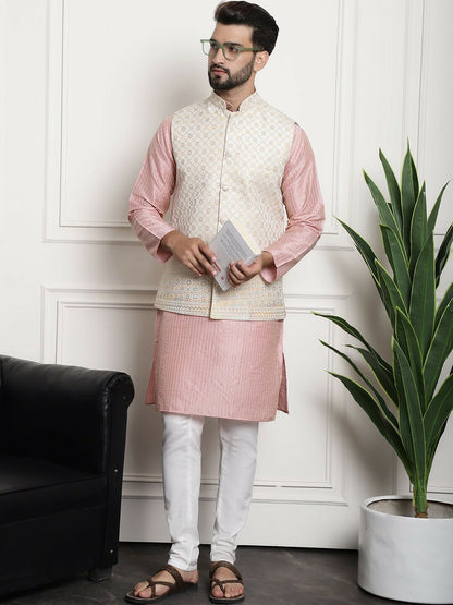 Men’s Striped Regular Kurta Set with Churidar & Nehru Jacket – Traditional Elegance