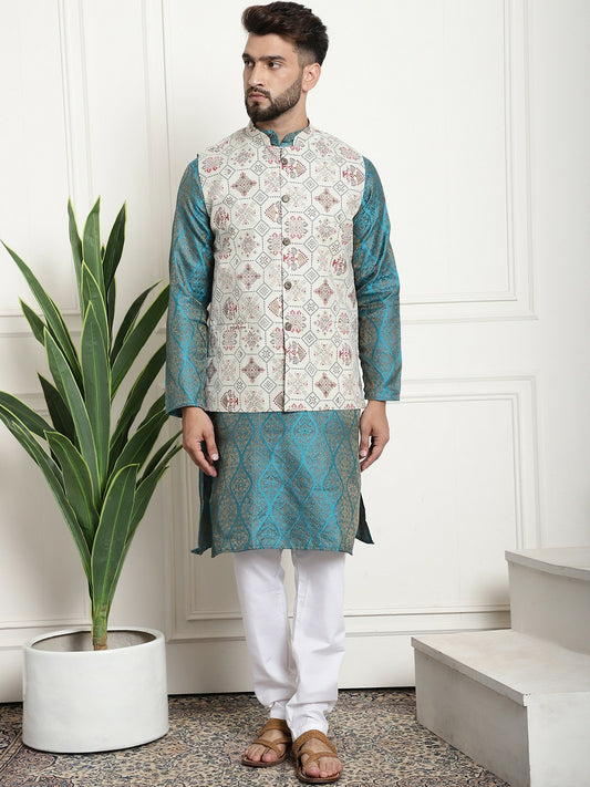 Men’s Blue Ethnic Motifs Woven Design Kurta Set with Churidar & Nehru Jacket – Traditional Elegance