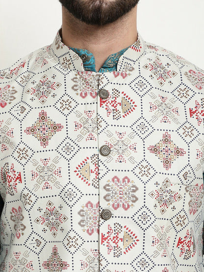 Men’s Blue Ethnic Motifs Woven Design Kurta Set with Churidar & Nehru Jacket – Traditional Elegance