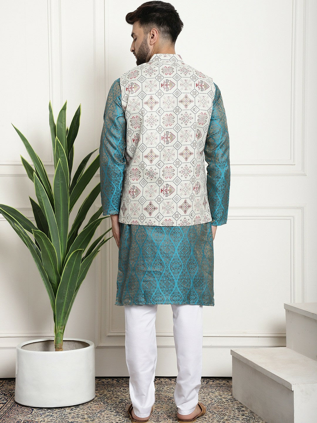 Men’s Blue Ethnic Motifs Woven Design Kurta Set with Churidar & Nehru Jacket – Traditional Elegance