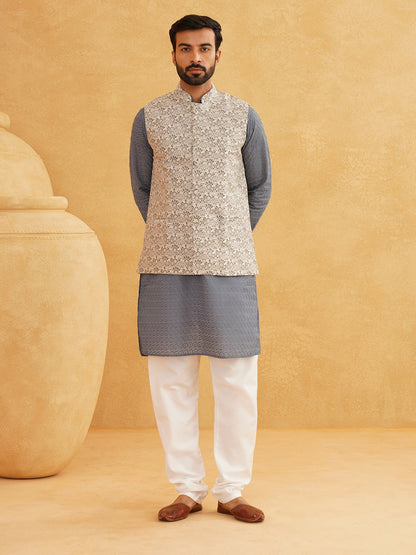 Men’s Pure Cotton Embroidered Kurta Set with Pyjamas & Nehru Jacket – Classic Ethnic Wear