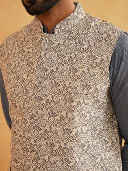 Men’s Pure Cotton Embroidered Kurta Set with Pyjamas & Nehru Jacket – Classic Ethnic Wear