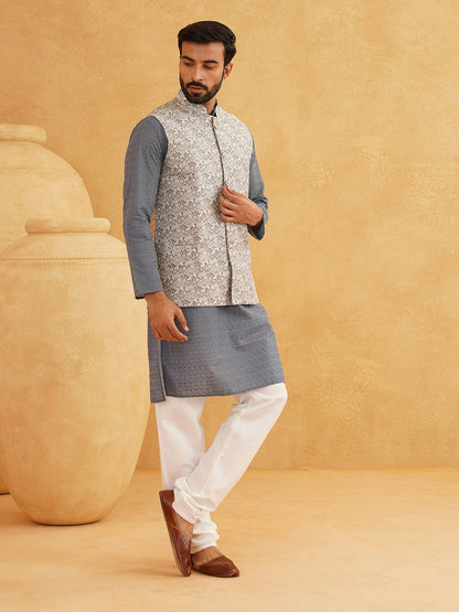 Men’s Pure Cotton Embroidered Kurta Set with Pyjamas & Nehru Jacket – Classic Ethnic Wear