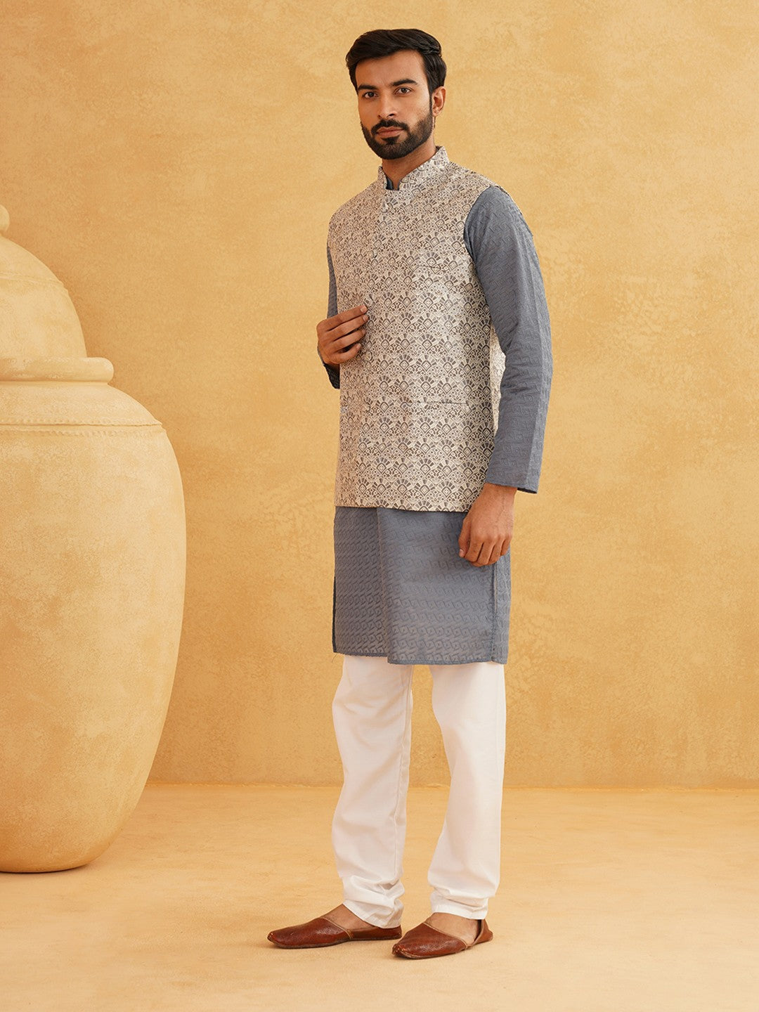 Men’s Pure Cotton Embroidered Kurta Set with Pyjamas & Nehru Jacket – Classic Ethnic Wear