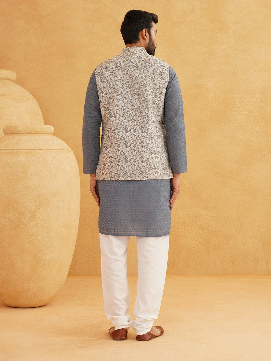 Men’s Pure Cotton Embroidered Kurta Set with Pyjamas & Nehru Jacket – Classic Ethnic Wear