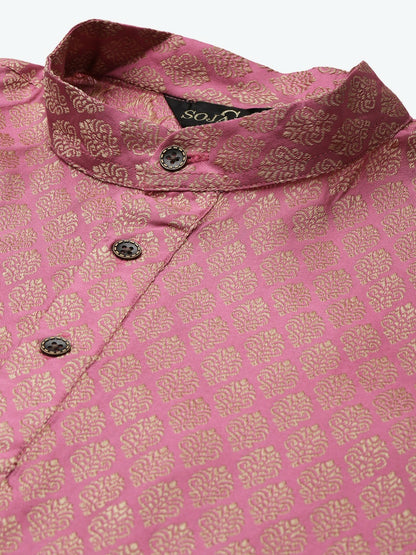 Graceful Pink Festive Kurta Set for Men with Cotton Pyjamas & Textured Jacket | Indiaista