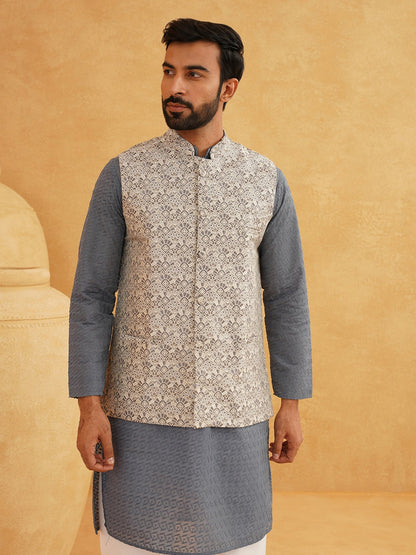 Men’s Pure Cotton Embroidered Kurta Set with Pyjamas & Nehru Jacket – Classic Ethnic Wear