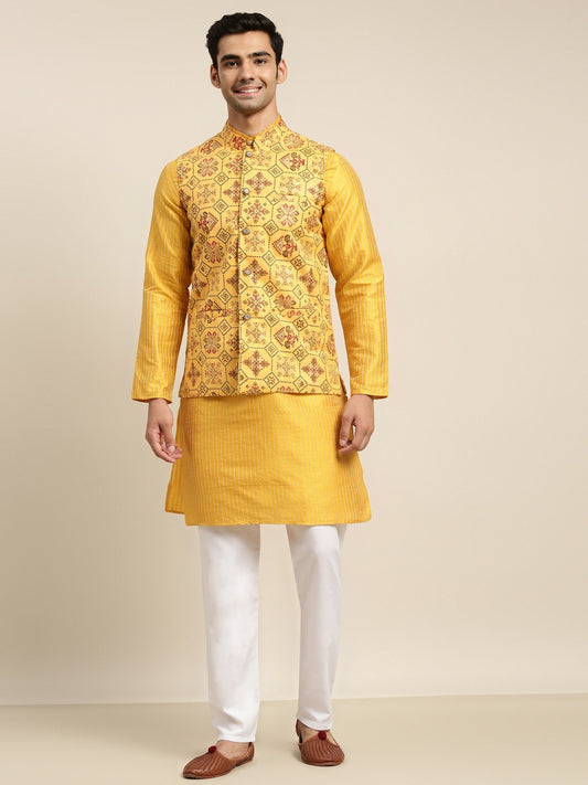 Men’s Mustard Yellow Kurta Set with Churidar & Nehru Jacket – Regal Festive Attire