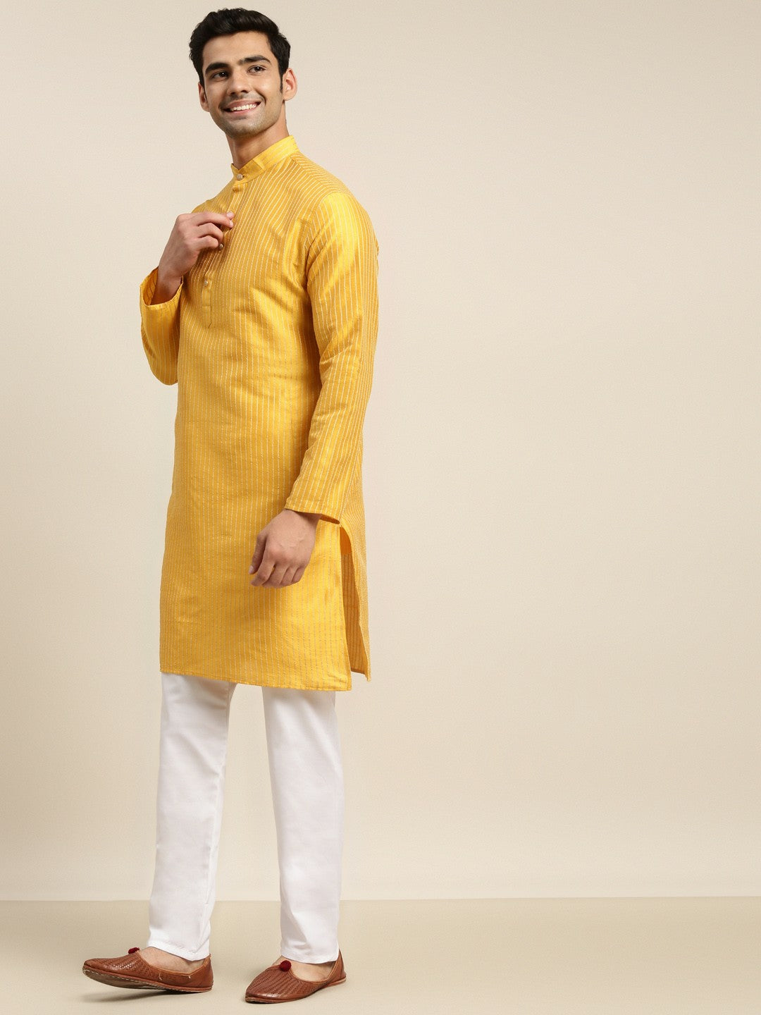 Men’s Mustard Yellow Kurta Set with Churidar & Nehru Jacket – Regal Festive Attire