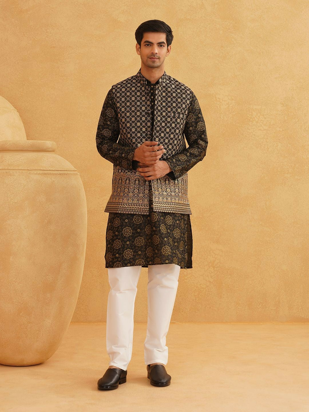 Men’s Floral Printed Kurta Set with Churidar & Nehru Jacket – Stylish Ethnic Ensemble