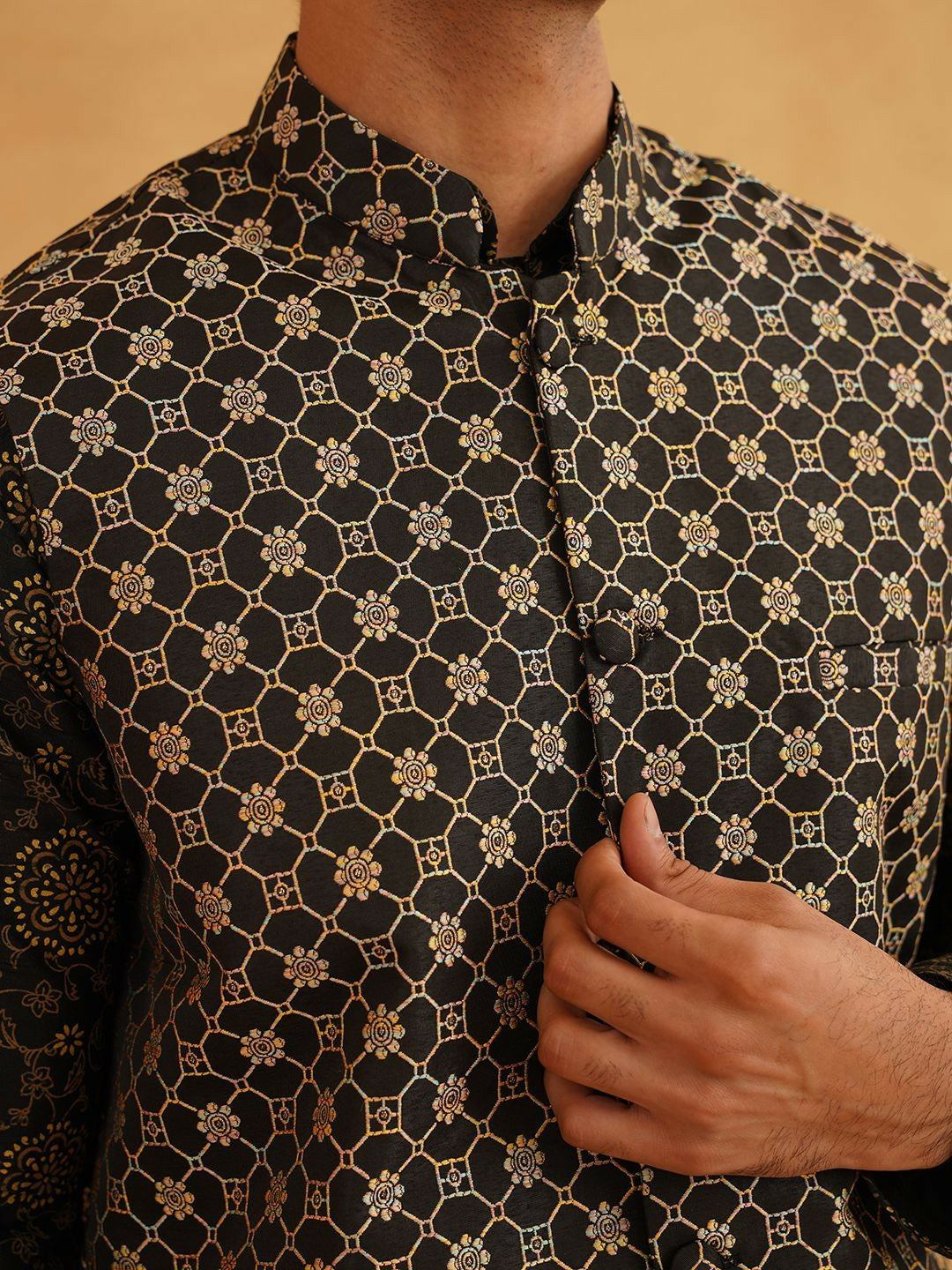 Men’s Floral Printed Kurta Set with Churidar & Nehru Jacket – Stylish Ethnic Ensemble