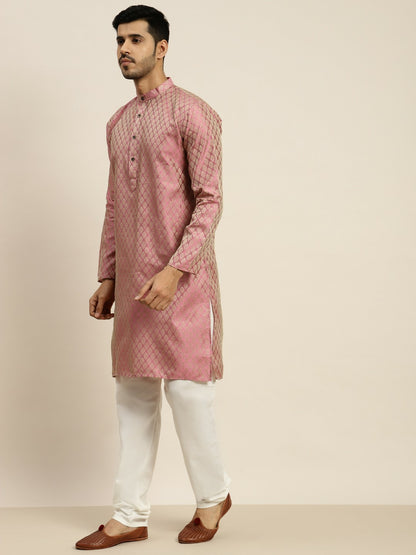 Graceful Pink Festive Kurta Set for Men with Cotton Pyjamas & Textured Jacket | Indiaista