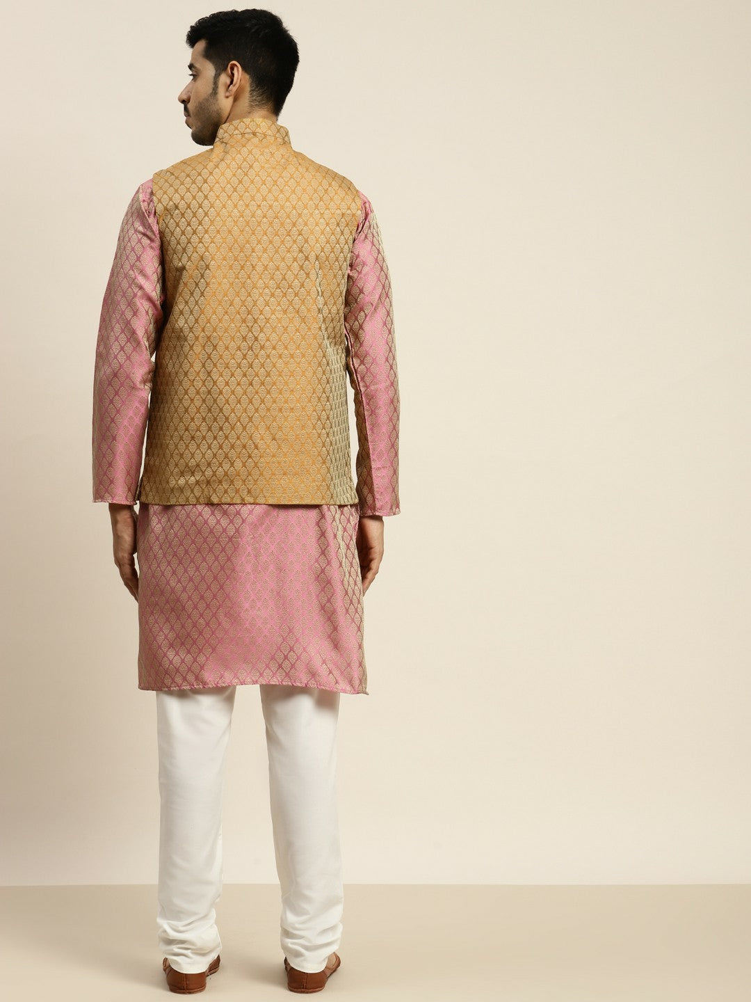 Graceful Pink Festive Kurta Set for Men with Cotton Pyjamas & Textured Jacket | Indiaista