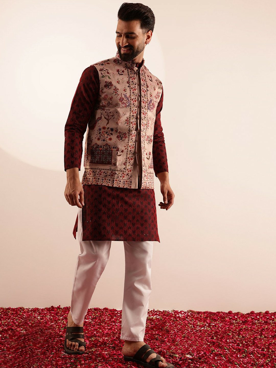 Men’s Printed Kurta Set with Pyjamas & Nehru Jacket – Modern Ethnic Ensemble