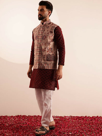Men’s Printed Kurta Set with Pyjamas & Nehru Jacket – Modern Ethnic Ensemble
