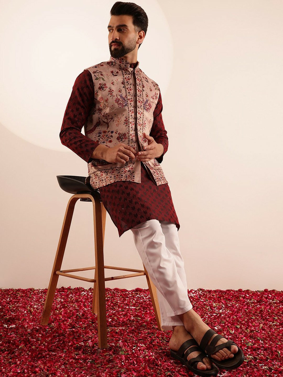 Men’s Printed Kurta Set with Pyjamas & Nehru Jacket – Modern Ethnic Ensemble