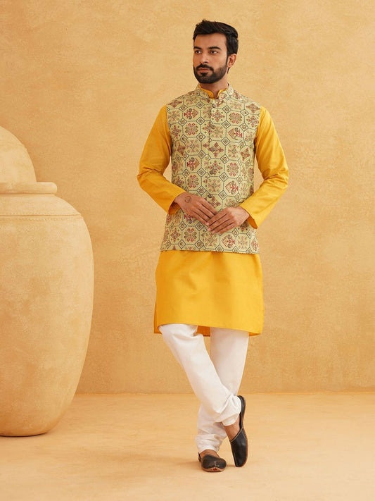 Men’s Band Collar Kurta Set with Churidar & Nehru Jacket – Timeless Ethnic Ensemble