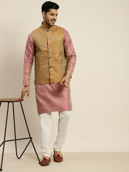Graceful Pink Festive Kurta Set for Men with Cotton Pyjamas & Textured Jacket | Indiaista