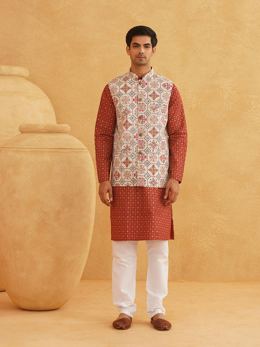 Men’s Floral Printed Kurta Set with Pyjamas & Nehru Jacket – Elegant Ethnic Attire