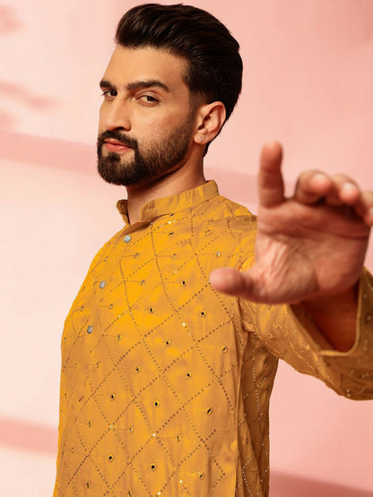 Men’s Mustard Yellow Mirror Work Embroidered Kurta Pyjama Set – Pure Cotton